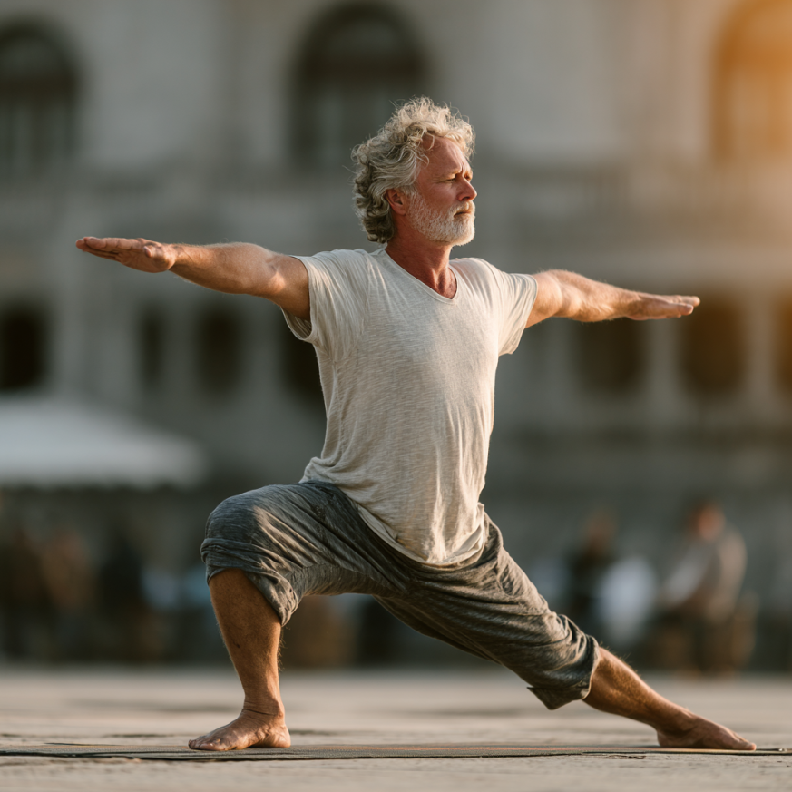 Група літніх людей займається йогою на свіжому повітрі