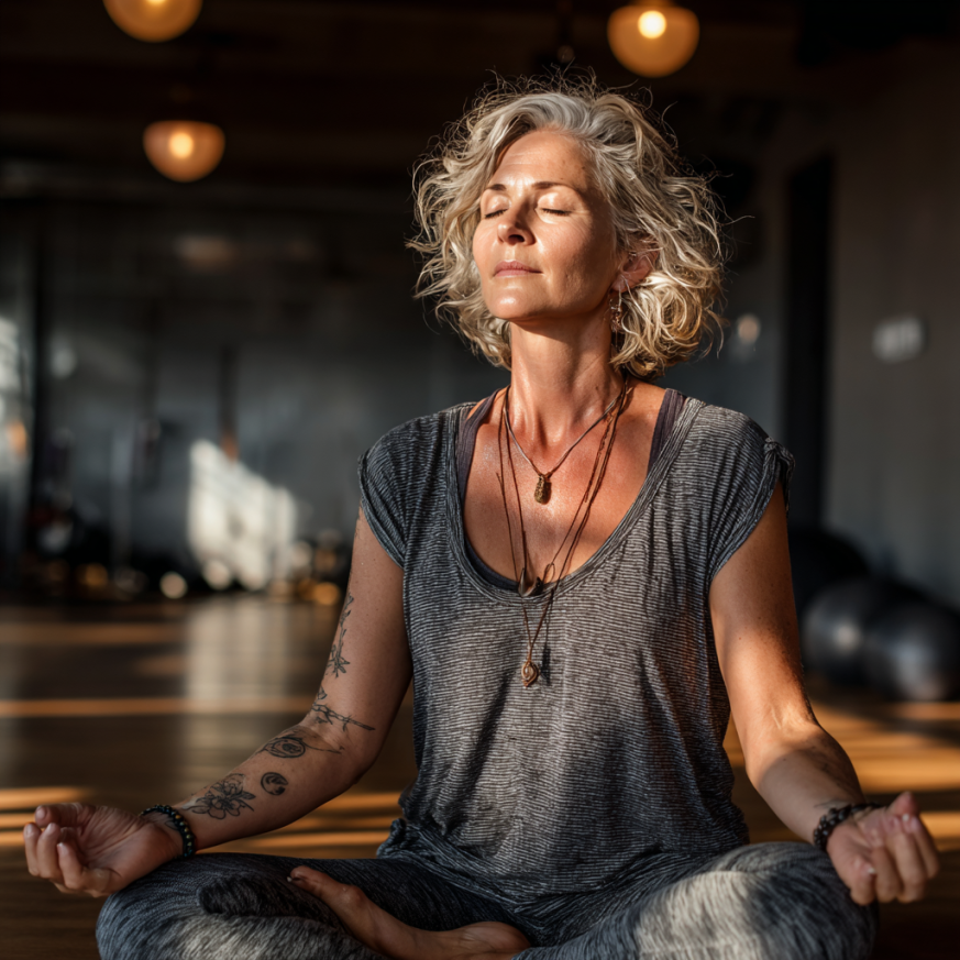 Група літніх людей займається йогою на свіжому повітрі