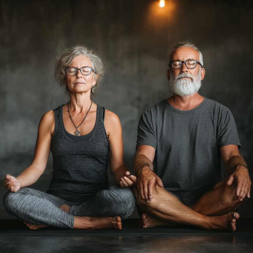 Літня жінка виконує асану йоги на килимку